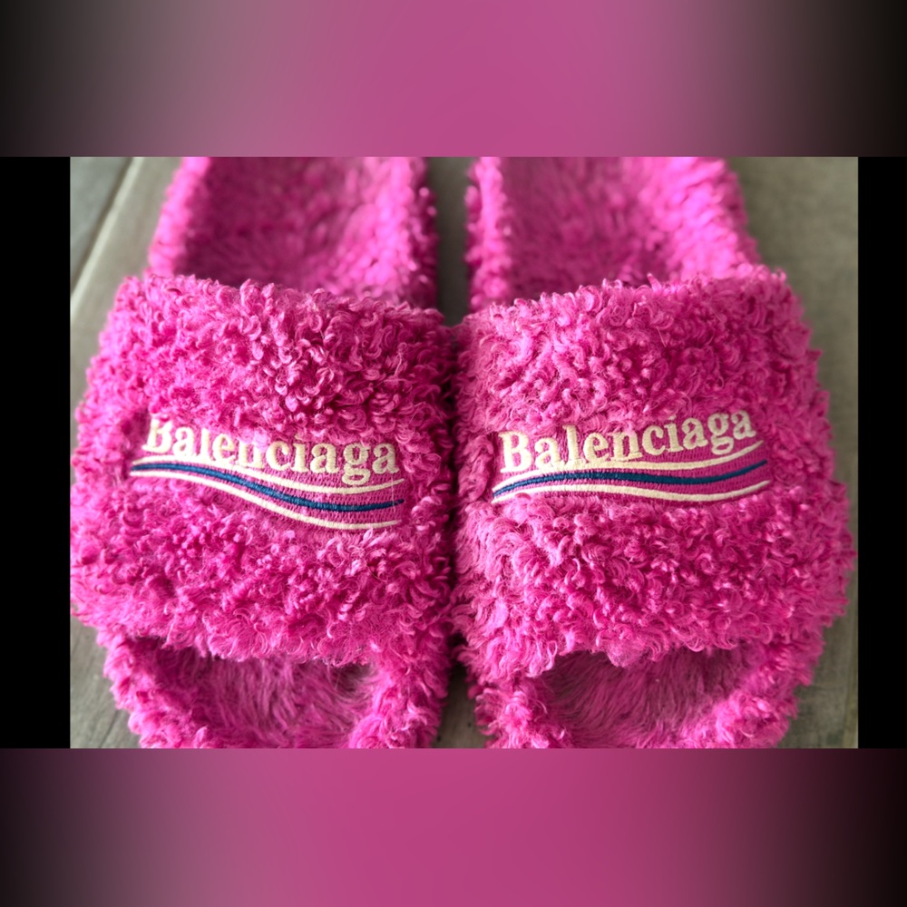 Balenciaga Fuchsia Furry open mule slippers
